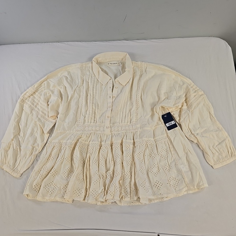 Lucky Brand Blouse Womens Medium Ivory Embroidered Balloon Sleeve Boho Peasant